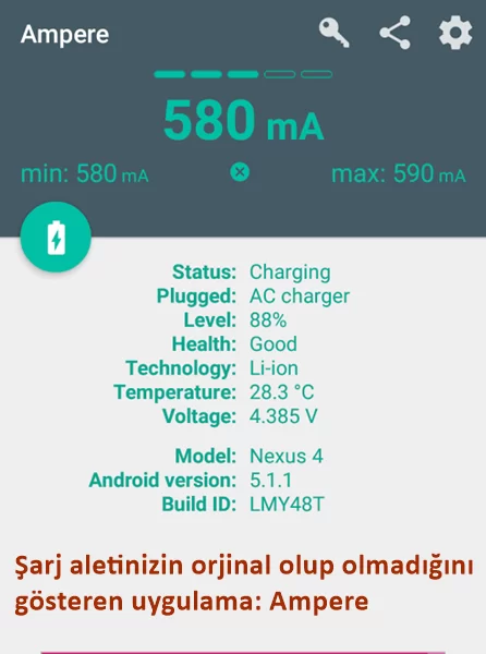 Şarj aletinizin orjinal olup olmadığını gösteren uygulama: Ampere